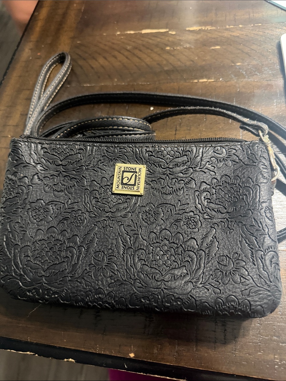 Stone Mountain Accessories Black Embossed Floral Wristlet Crossbody